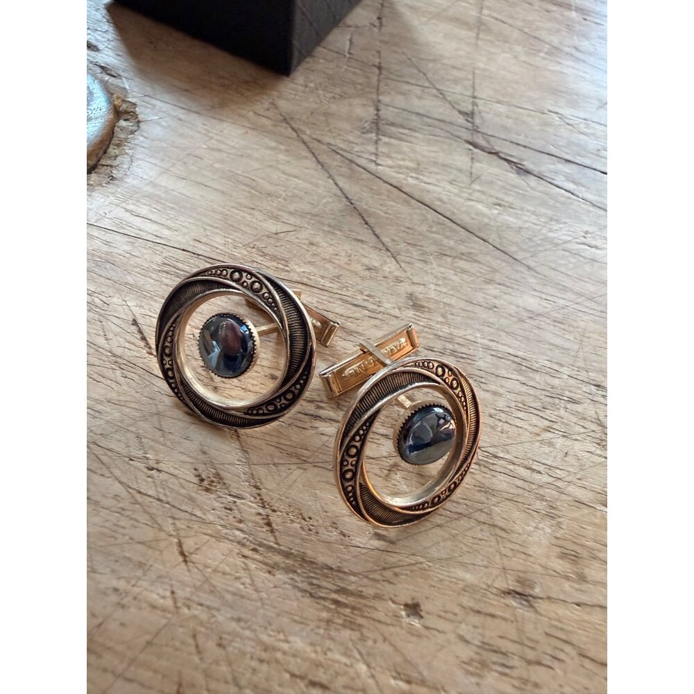 Vintage Gold-Tone Circular Cufflinks With Black Stone Centerpiece